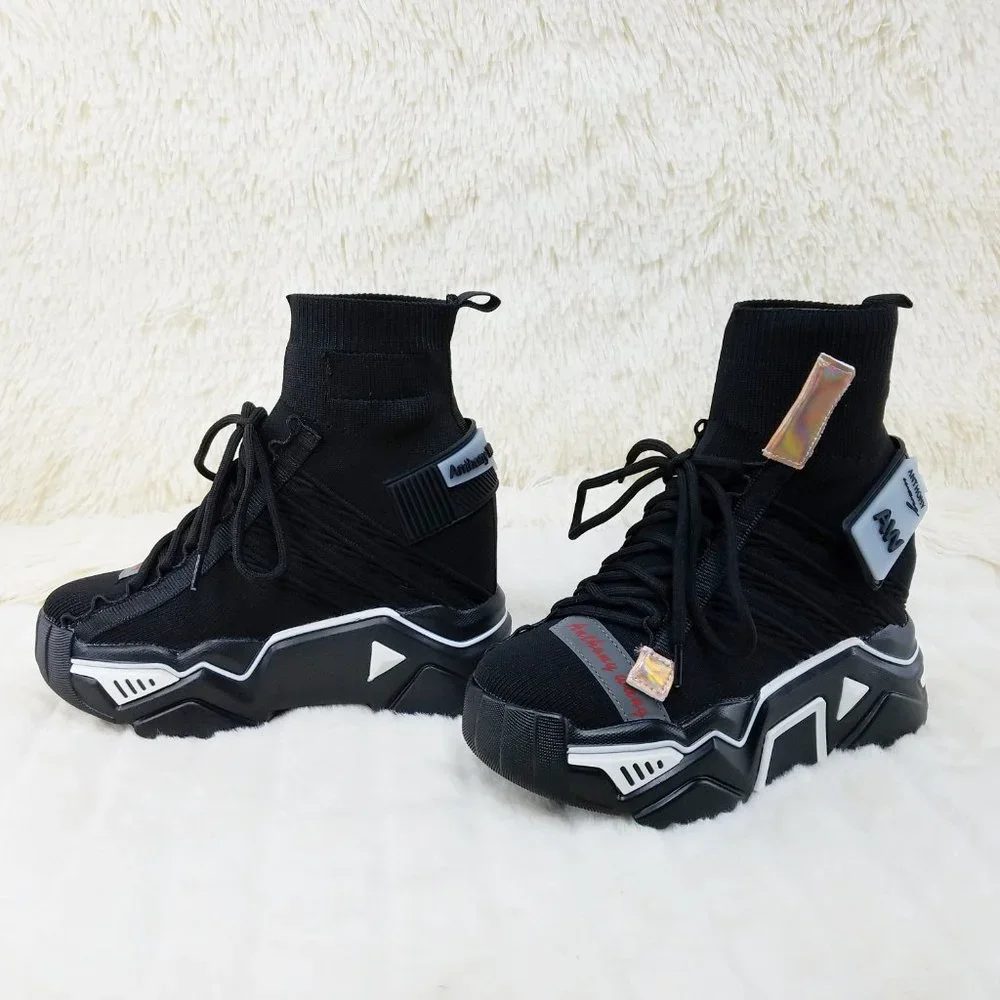 Wang Damson Black Knit Pull On Platform Sneaker Boots 4" Hidden Wedge NIB_9